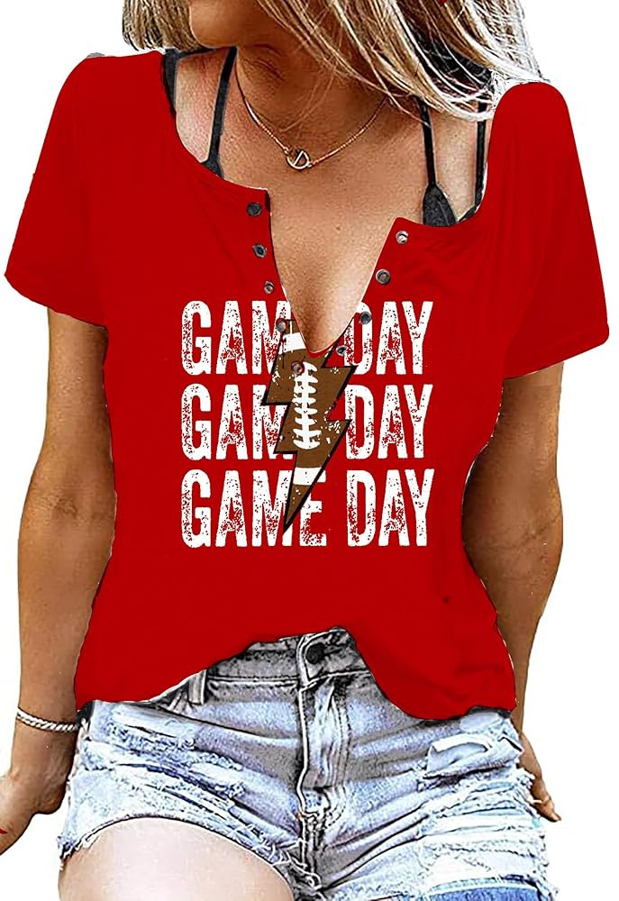 Game Day Outfits Shirts Women V Neck Football Graphic Tee Tops Funny Football Game Day Shirts for... | Amazon (US)