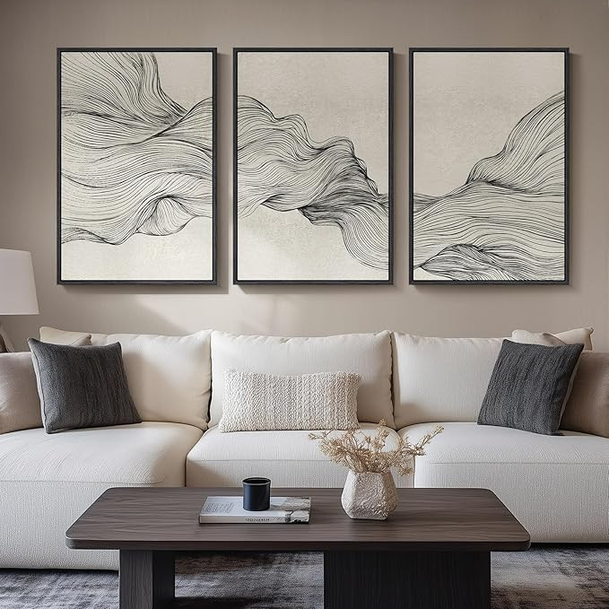 Large Framed Black and Beige Neutral Abstract Wall Art for Living Room, 3 Piece Modern Canvas Pri... | Amazon (US)