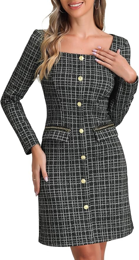 Allegra K Tweed Dress for Women's Long Sleeves Square Neckline Knee Length Dresses | Amazon (US)