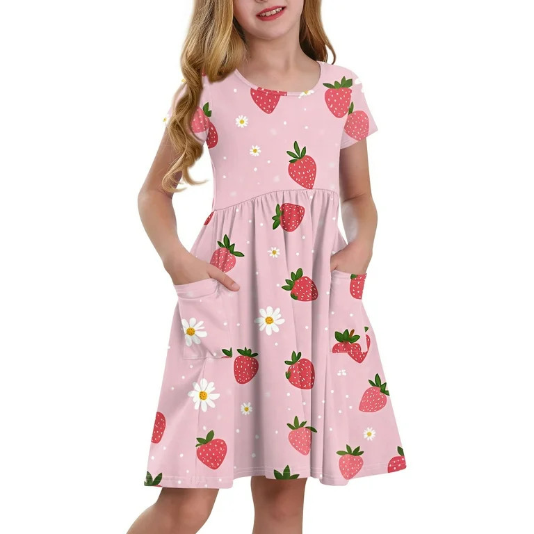 XADYUY Summer Dress for Girls 7-8 Twirly A-Line Short Sleeve T-Shirt Dresses Strawberry Summer Cr... | Walmart (US)