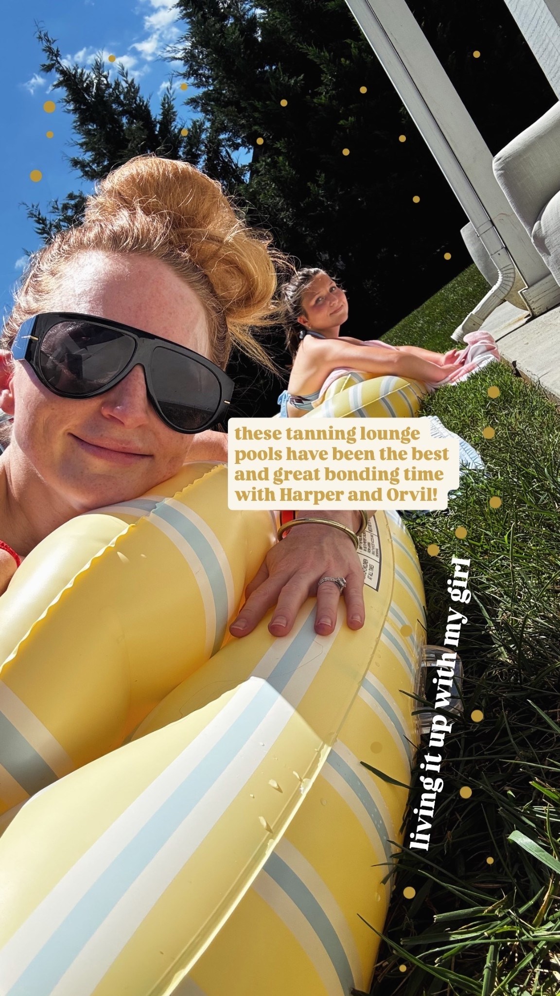 living it up with my girl these tanning lounge pools have been the best and great bonding time with Harper and Orvil!