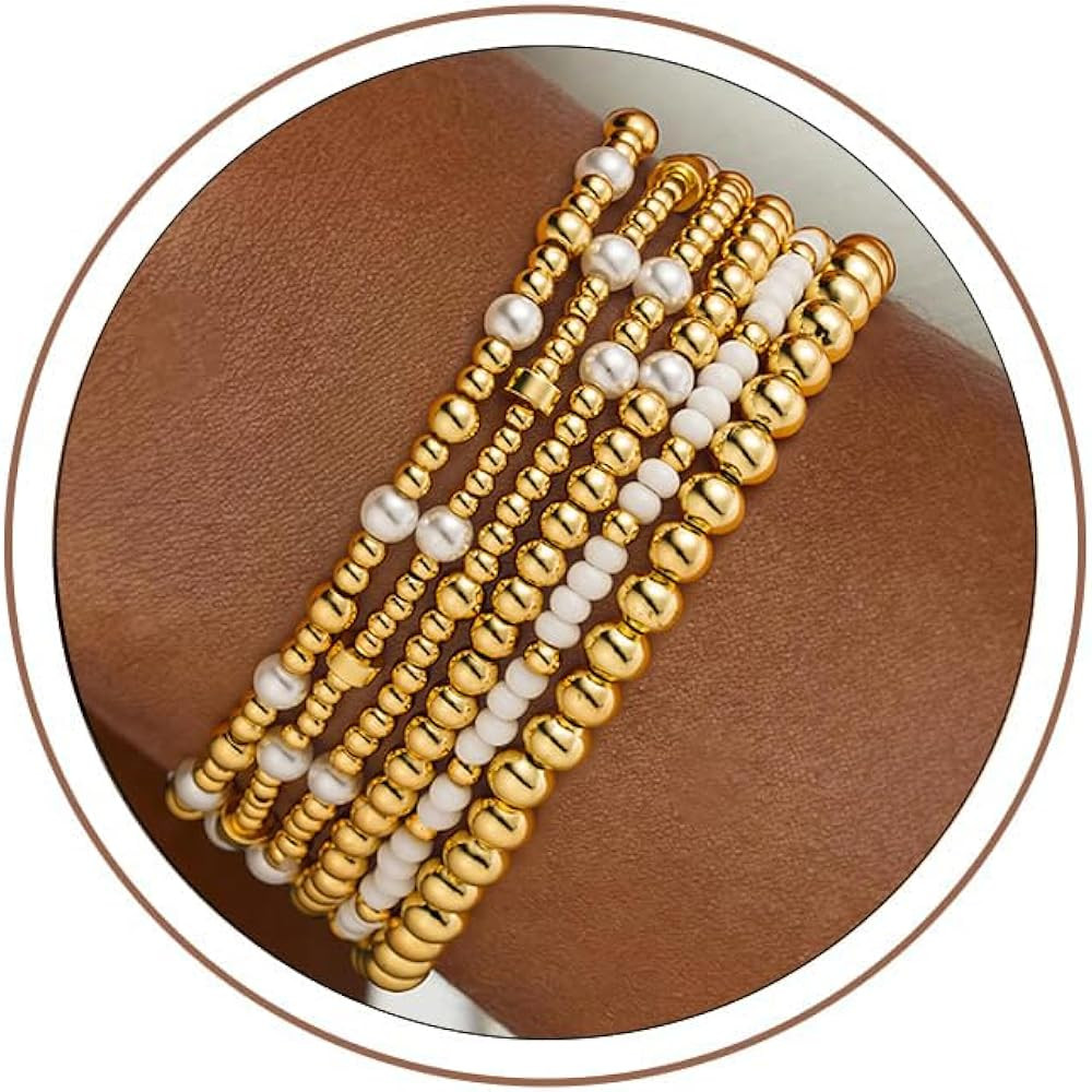 Turandoss Gold Beaded Bracelets for Women Teen Girls -14K Gold Plated Stackable Colorful Round Be... | Amazon (US)