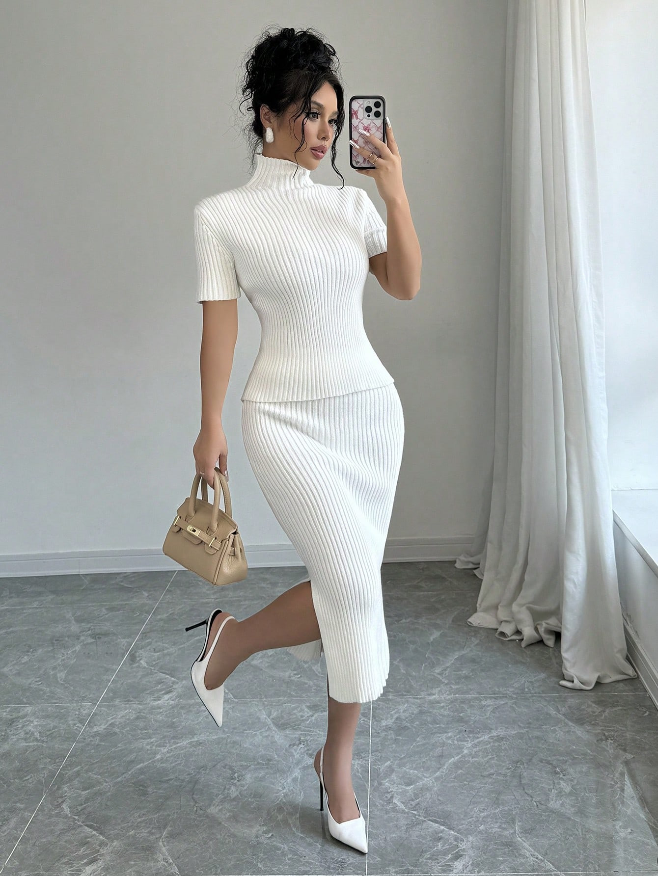 SHEIN Elenzya 2pc Set Women Solid Stand Collar Long Sleeve Casual Sweater And Mini Skirt | SHEIN