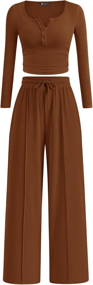 PRETTYGARDEN Women's 2026 Fall Trendy 2 Piece Outfits Lounge Sets Long Sleeve Top Henley Shirts W... | Amazon (US)