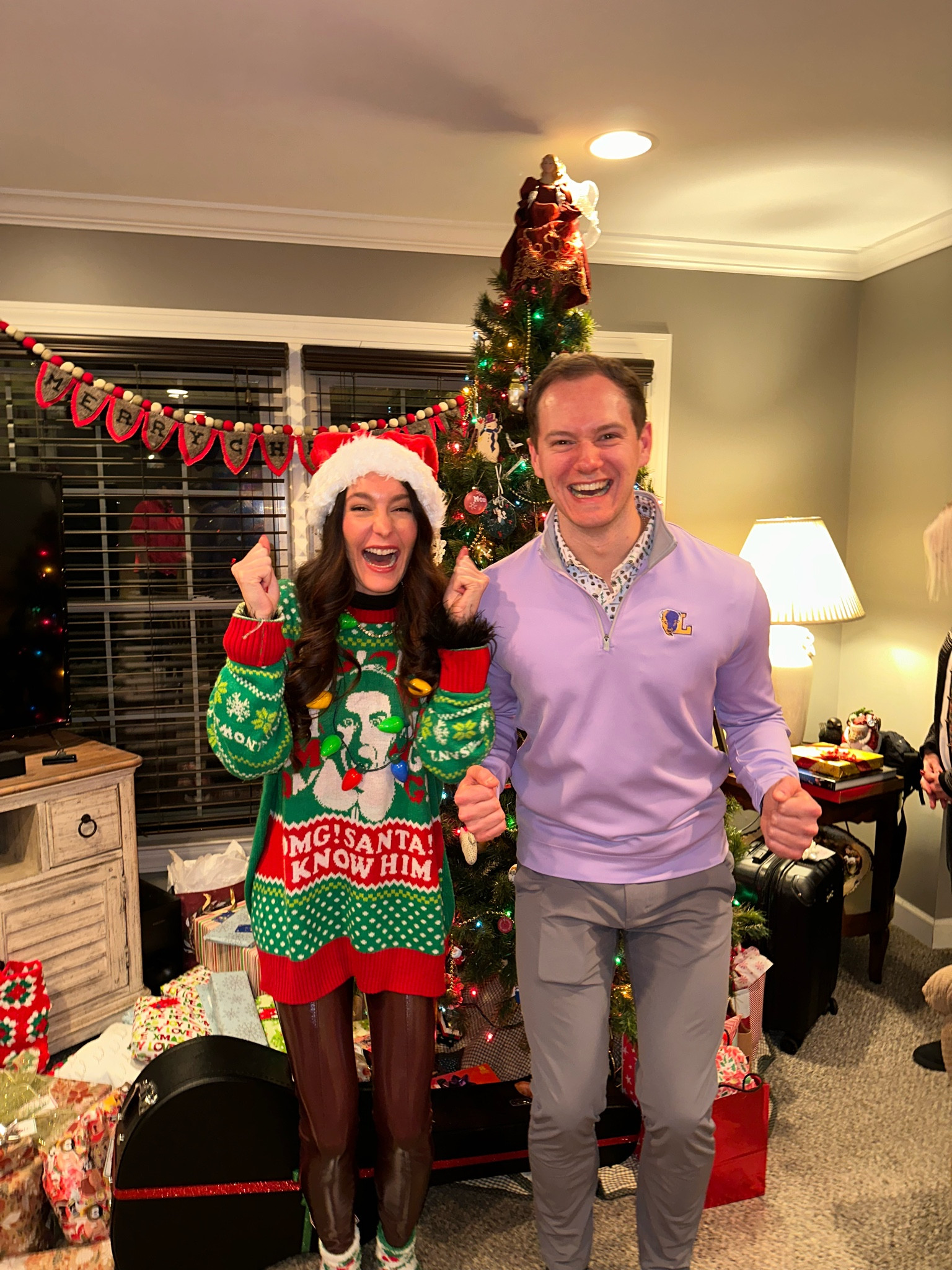 Buddy the Elf 
Christmas Eve 

Amazon Santa hat
Spanx faux patent leather leggings 
Amazon Christmas socks 

#LTKSeasonal