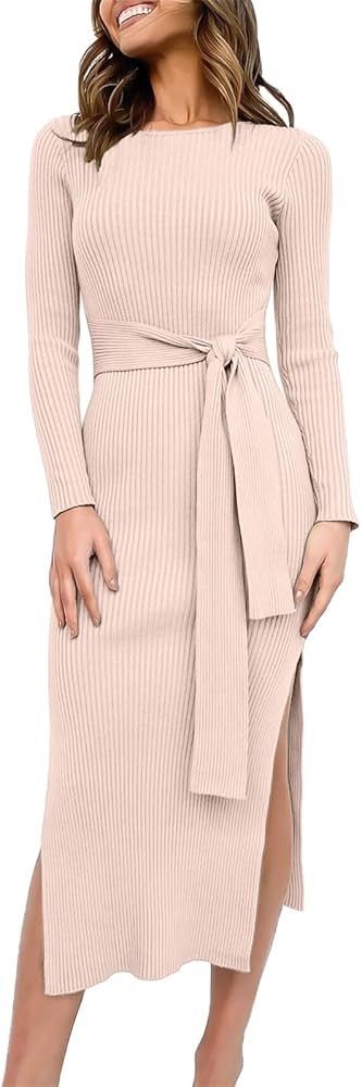 ANRABESS Women's 2022 Elegant Sweater Dress Long Sleeve Crewneck Tie Waist Slim Fit Knit Slit Mid... | Amazon (US)