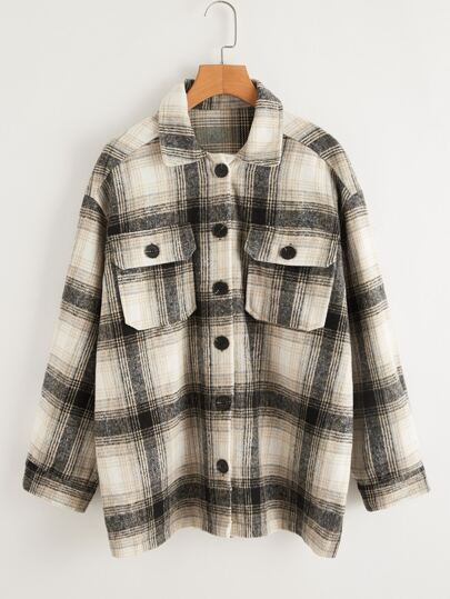 Flap Pocket Front Drop Shoulder Plaid Coat | SHEIN