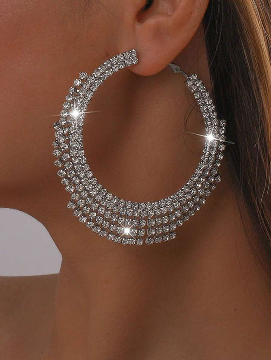 2pcs Exaggerated Women's Rhinestone Tassel Large Circle Drop Earrings For Daily Wear, Date and Pa... | SHEIN