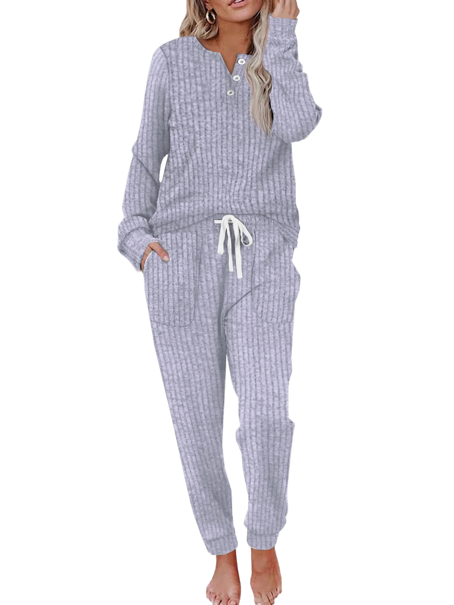 MOSHU Two Piece Womens Pajama Sets Button Down Shirts and Drawstring Pants with Pockets Solid Lou... | Walmart (US)