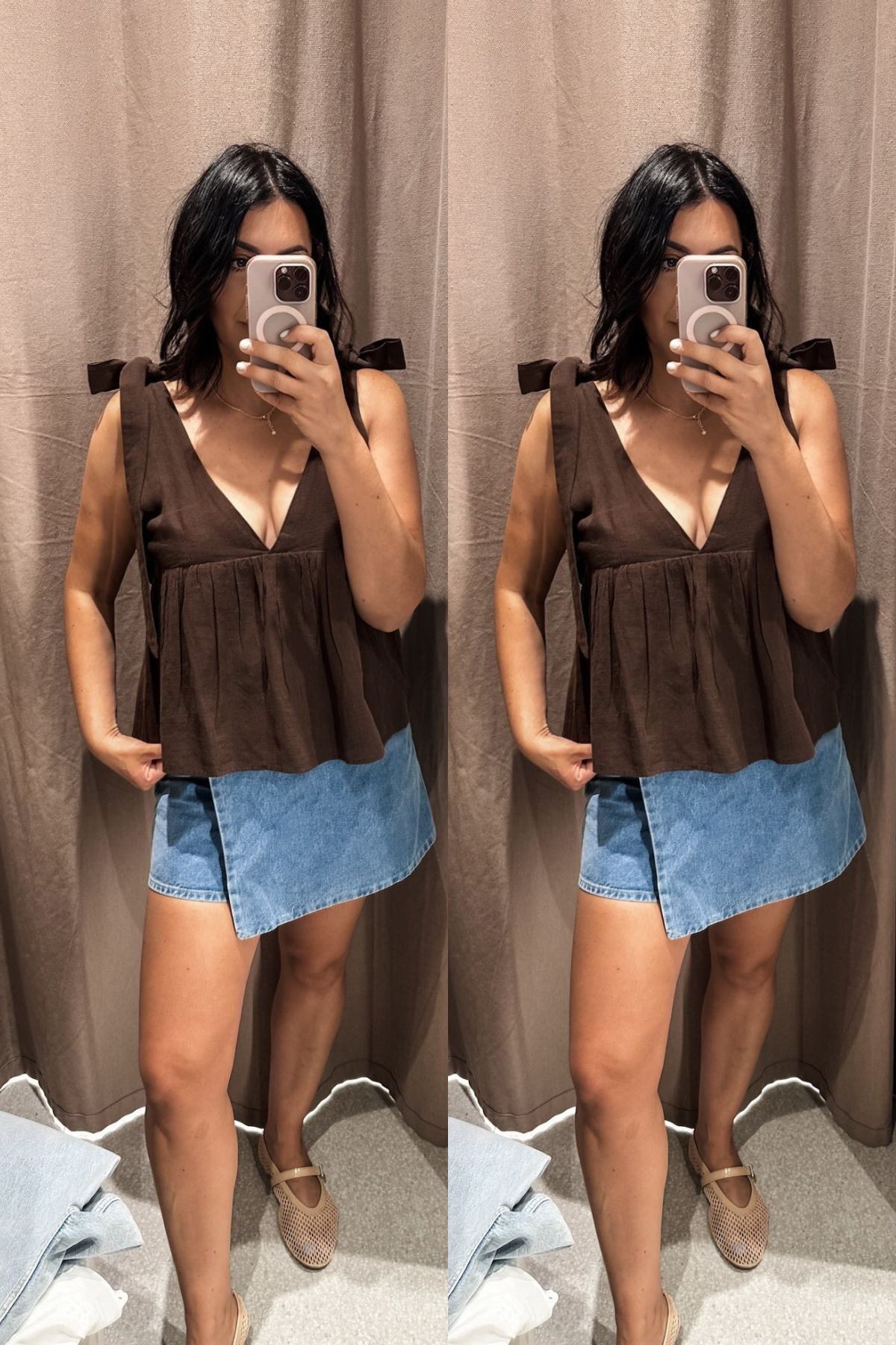 I loved this little top and I bought it but beware as it runs big! The straps are not adjustable, the ties are sewn into place. SO that's nice but not adjustable and I did find that they slipped down at times. I you have smaller chest, definitely size down. I'm in the medium and it fits plenty loose! 

I'm in the large of the skirt, it's a generous loose fit in the waist. No need to size up unless you need length.  

 #LTKFindsUnder50 #LTKFindsUnder100