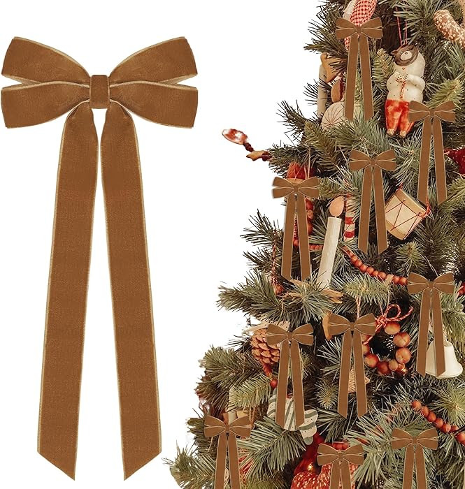 12Pcs Vintage Velvet Ribbon Bows Christmas Tree Decorations,5in x 10in Brown Xmas Ornaments for T... | Amazon (US)