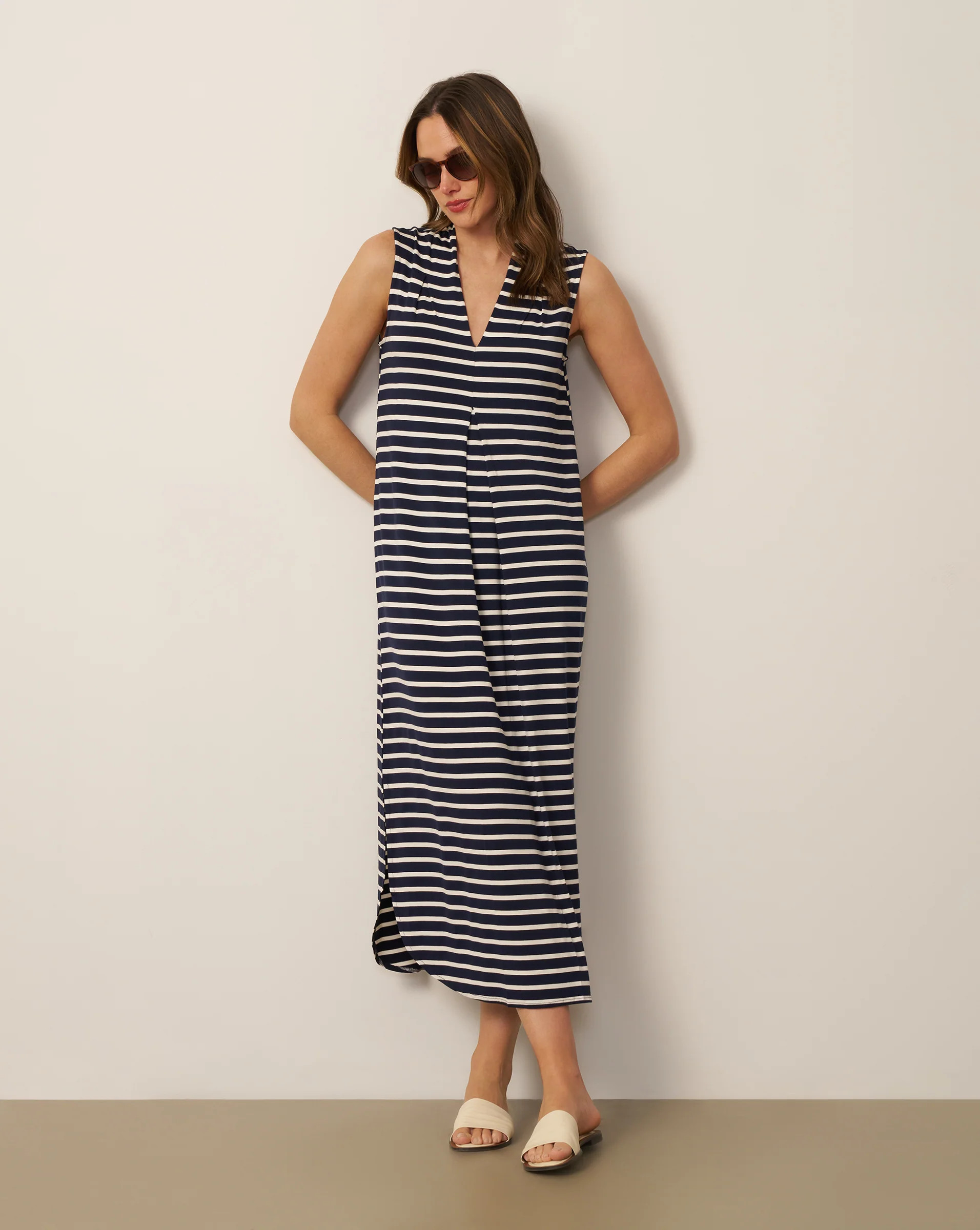 Women's Invert Pleat Stripe Maxi Dress in Navy Dream Stripe | Cable & Gauge | Cable & Gauge