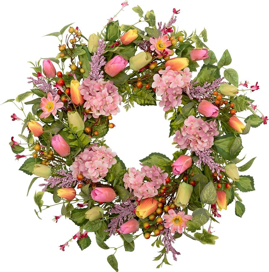 VGIA 20 inch Spring Summer Wreath for Front Door Artificial Floral Decorations with Pink Tulip Hy... | Amazon (US)