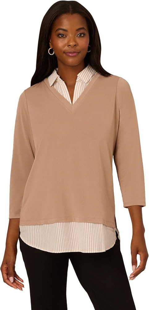 Adrianna Papell Women's Print 3/4 Sleeve Open Vneck Knit Twofer | Amazon (US)