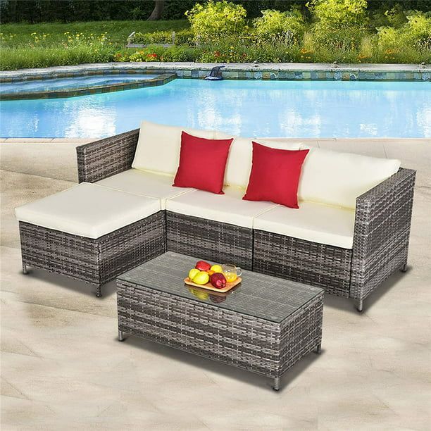 5 Pieces Outdoor Patio Furniture Set, All-Weather Outdoor Small Sectional Patio Sofa Set, Wicker ... | Walmart (US)