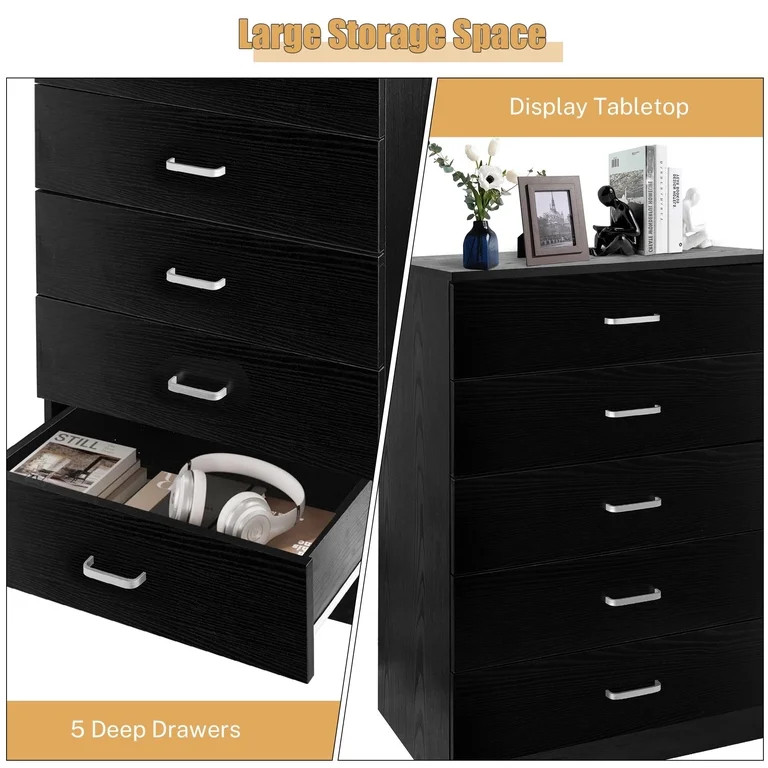 SYNGAR Black 5 Drawer Dresser, Chest of Drawers for Bedroom, Modern Storage Cabinet Dresser Organ... | Walmart (US)