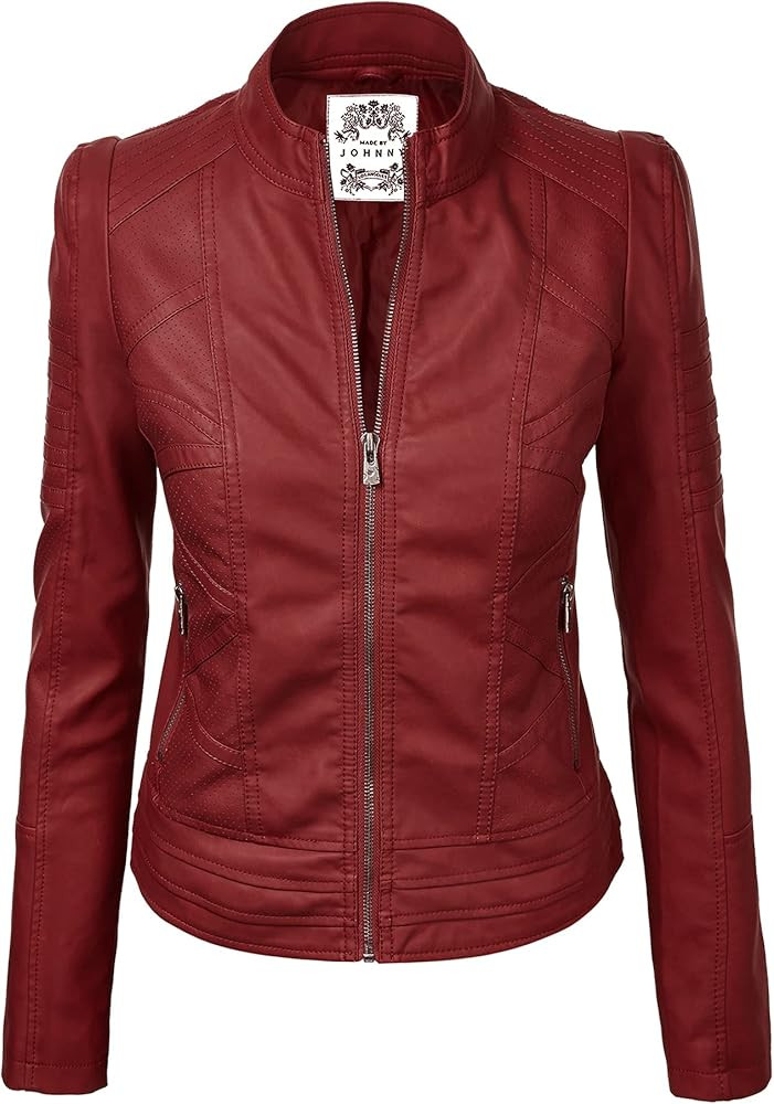 Made By Johnny MBJ Womens Faux Leather Zip Up Moto Biker Jacket With Stitching DetaiL | Amazon (US)
