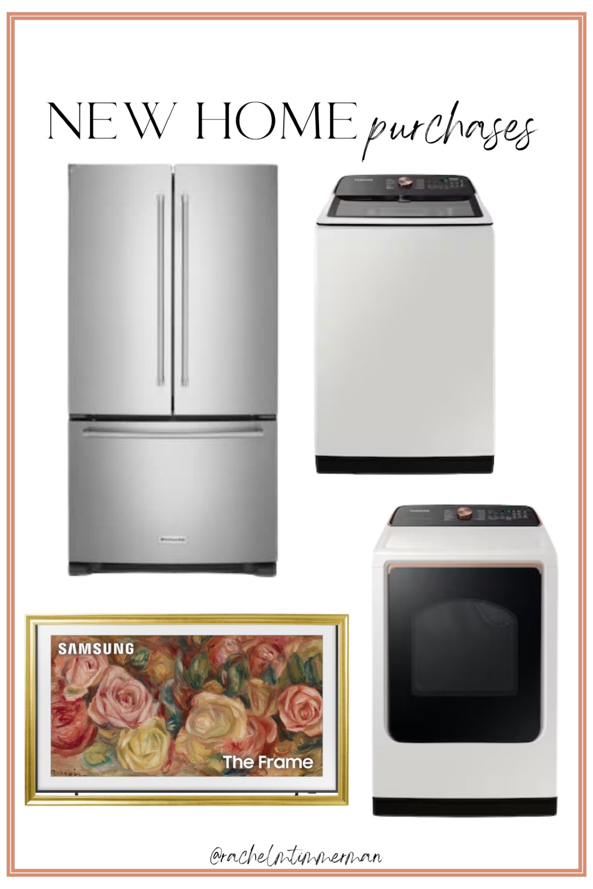 This past weekend I picked out my washer, dryer, fridge and tv! This is what I went with. The washer dryer and fridge are all on sale 🙂 so excited! Getting so close to moving in! 

New home. Home decor. Washer. Dryer. Frame tv. 