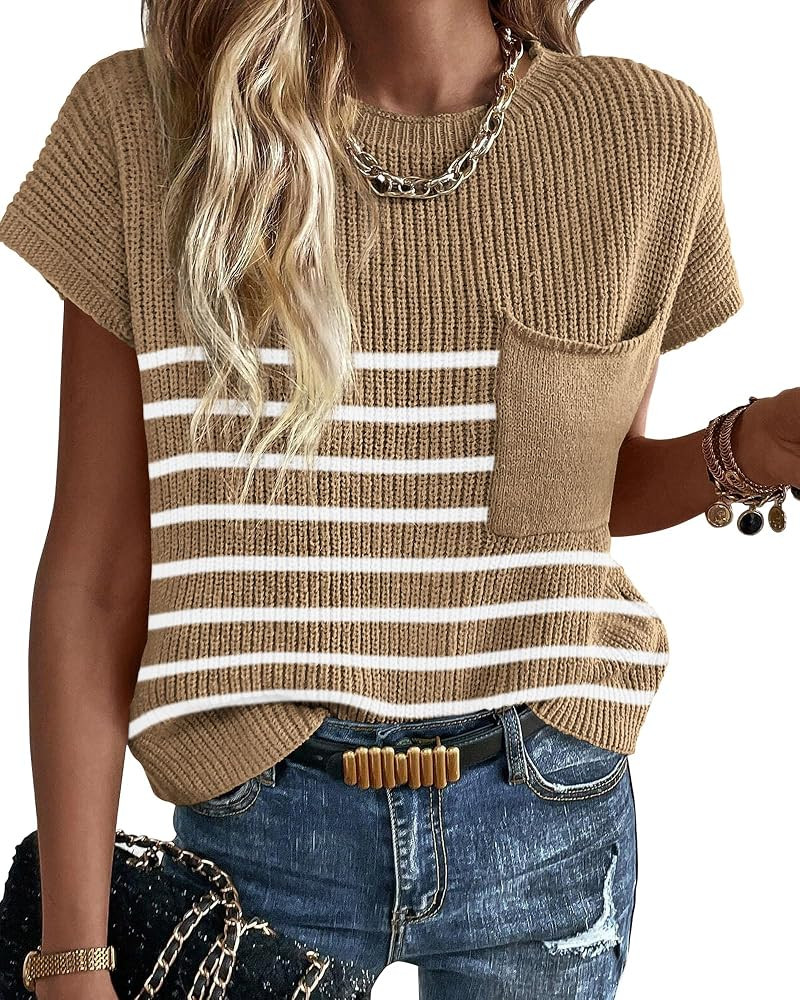 KIRUNDO Short Sleeve Sweater for Women 2025 Casual Sweater Vest Cotton Knit Pullover Tank Tops Tr... | Amazon (US)