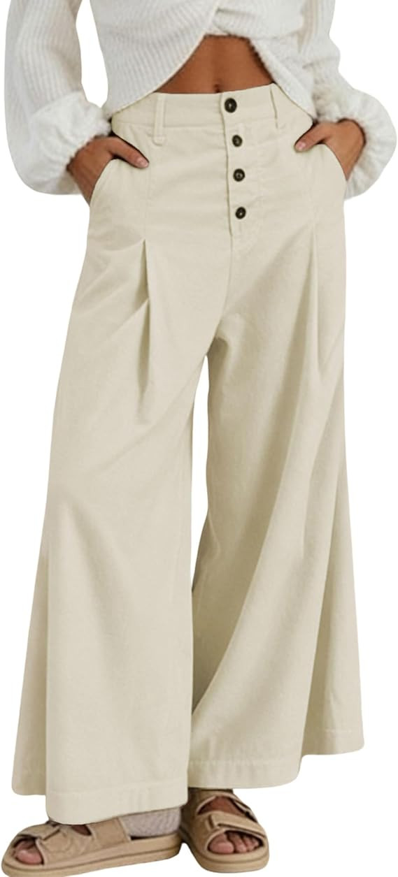 Hooever Womens Corduroy Pants High Waisted Button Down Wide Leg Straight Trousers Palazzo Pants | Amazon (US)
