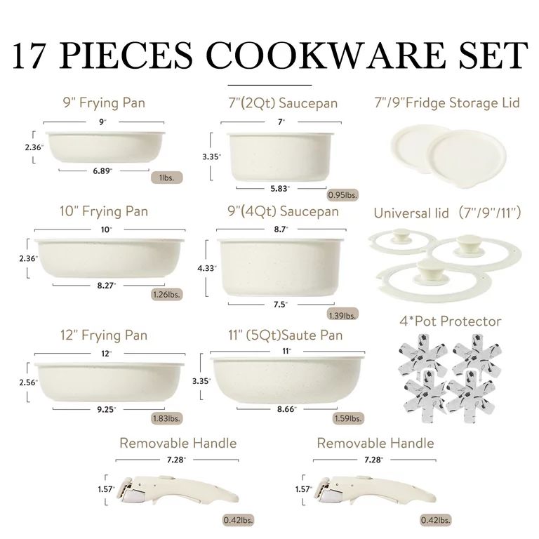 Carote Nonstick Cookware Sets, 17 Pcs Granite Non Stick Pots and Pans Set with Removable Handle | Walmart (US)