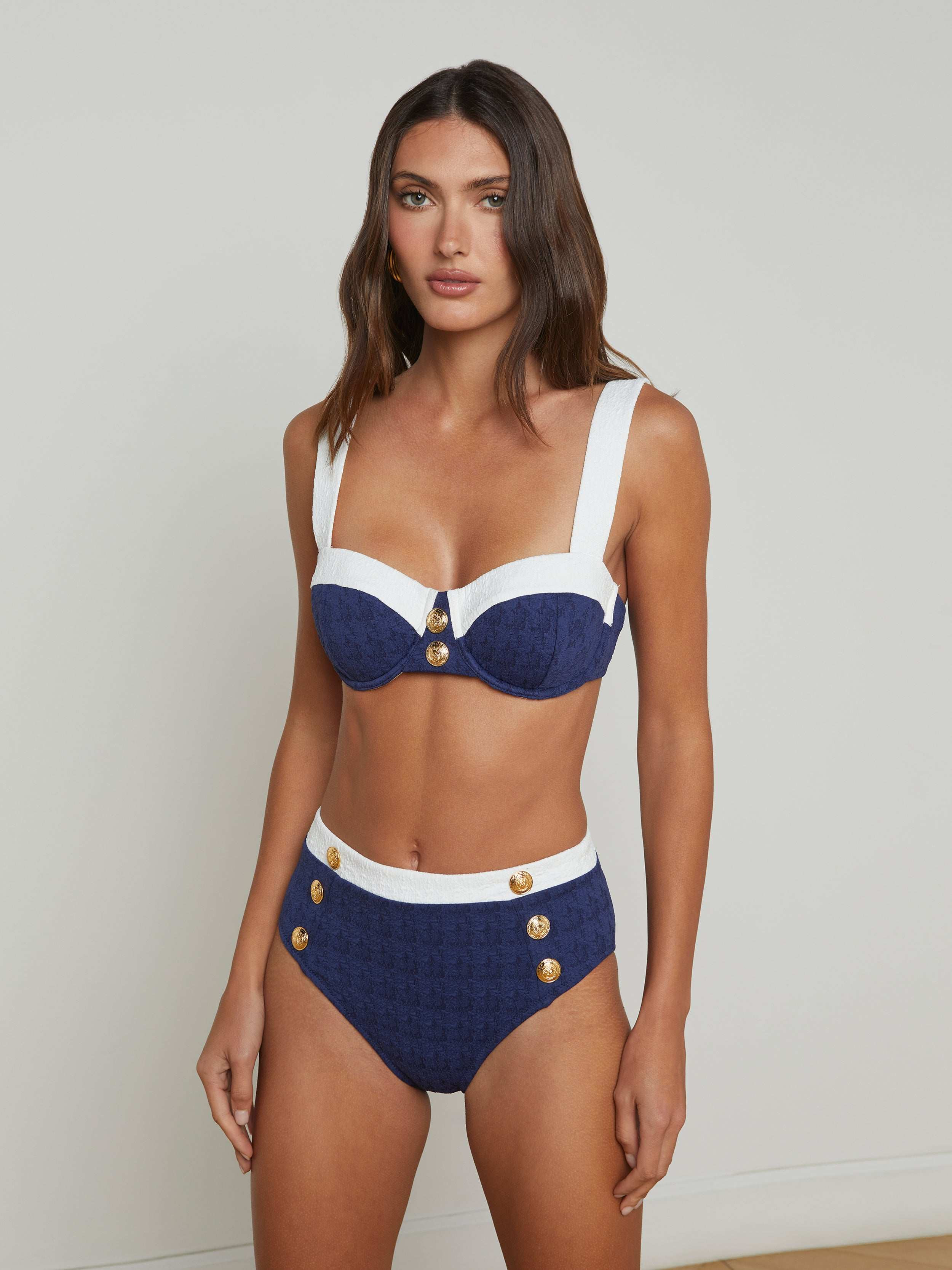 L'AGENCE - Alexandria Bikini Top in Marine/White/Gold Buttons | L'Agence