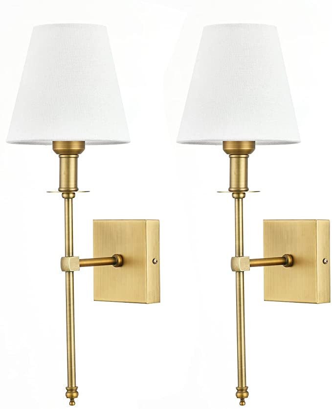 Bsmathom Wall Sconces Sets of 2, Brushed Brass Sconces Wall Lighting with Fabric Shade, Column St... | Amazon (US)
