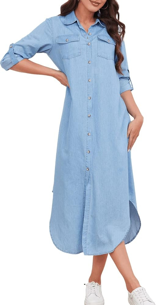 LunaJany Women's Long Sleeve Denim Midi Shirt Dress | Amazon (US)