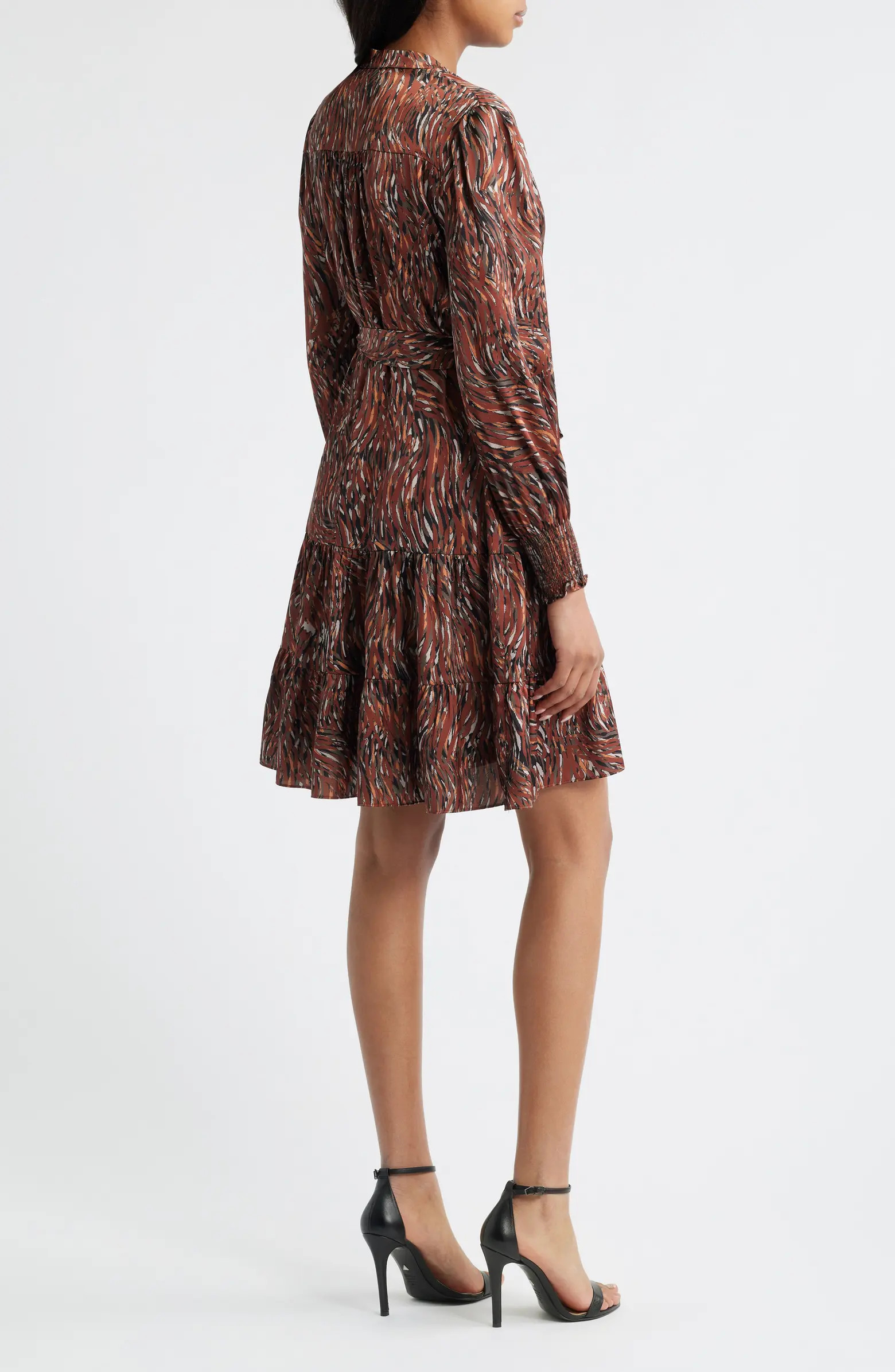Tiered Long Sleeve Tie Waist Button Front Satin Dress | Nordstrom