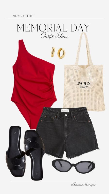 Memorial Day Outfit 🍒 Abercrombie shorts, red swimsuit, and sandals 

#LTKStyleTip #LTKFindsUnder100