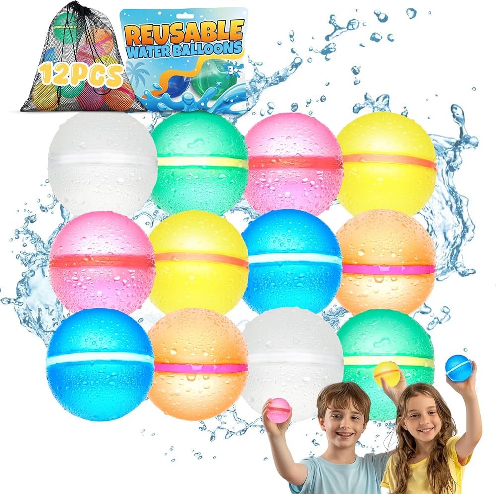 Reusable Water Balloons for Kids - Summer Toys, Pool Beach Water Toys for Boys and Girls, Silicone Water Balloons Quick Fill Splash Balls Bomb Party Supplies Outdoor Idea with Mesh Bag (12 pcs) | Amazon (US)