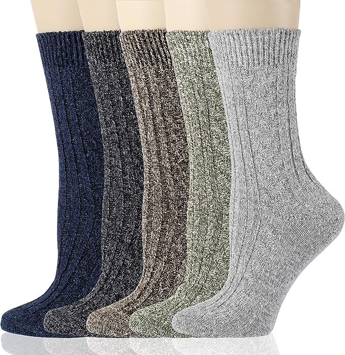 Gaoport 5 Pairs Womens Wool Socks Thick Knit Warm Casual Wool Cozy Crew Winter Socks Gifts | Amazon (US)
