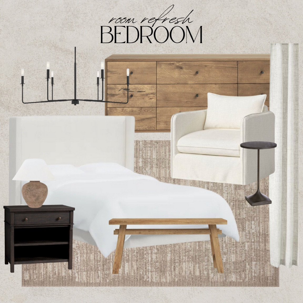 Bedroom Refresh! From Crate and Barrell, Wayfair and Rugs Direct! Upholstered headboard, black drink table, espresso nightstand, dark brown nightstand, oak dresser, wood dresser, brown rug, slipcover chair, linen curtains

#LTKSeasonal #LTKhome #LTKHoliday