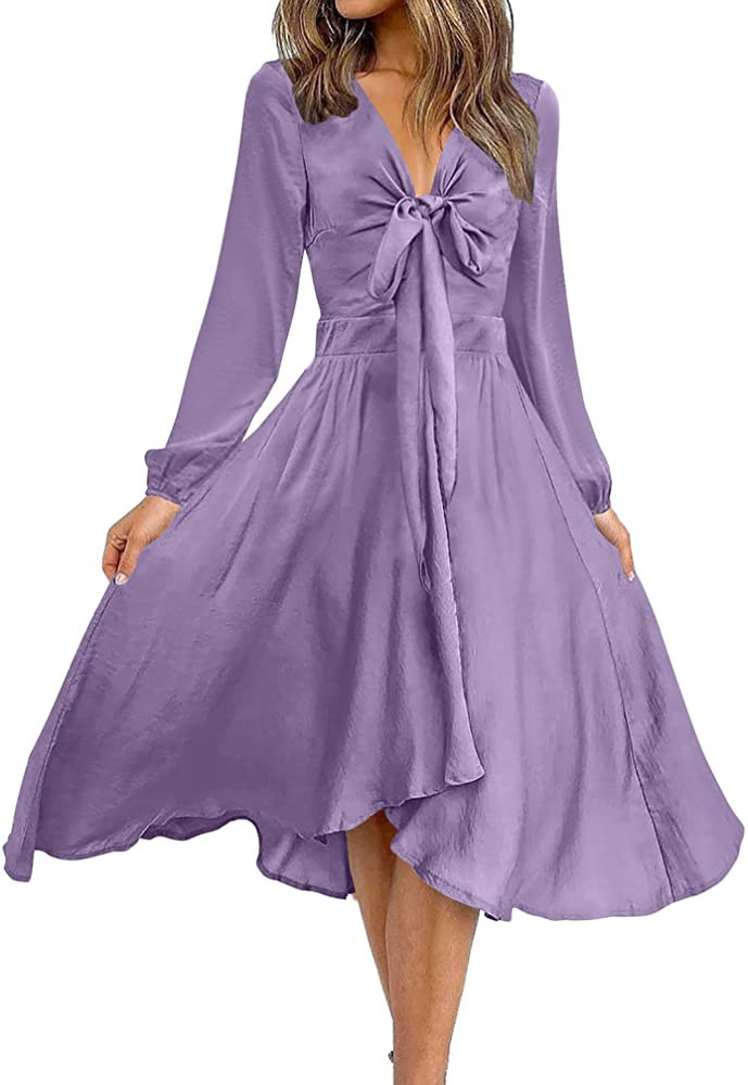 BTFBM Women's Satin Deep V Neck Summer Dresses Short Sleeve Tie Front High Waist Flowy Ruffle A-L... | Amazon (US)