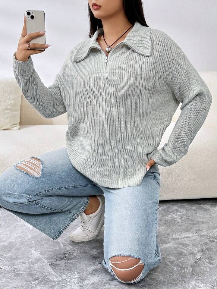SHEIN EZwear Plus Quarter Zip Drop Shoulder Sweater | SHEIN