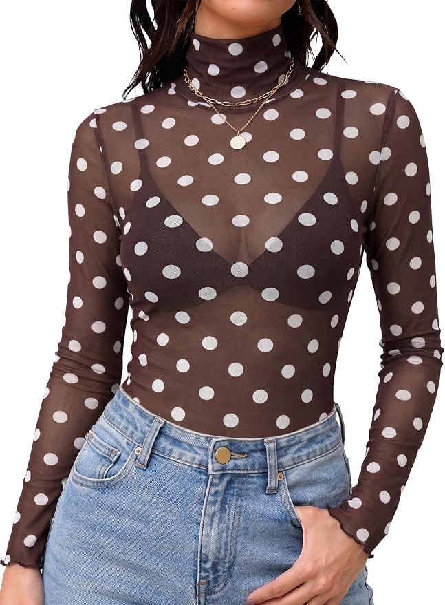OFEEFAN Womens Mesh Top Long Sleeve Turtleneck Sheer Blouses See Through Tee Shirts Undershirt | Amazon (US)