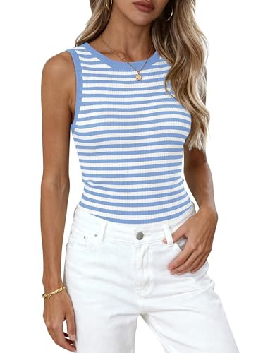 PRETTYGARDEN Summer High Neck Striped Tank Tops for Women Casual Sleeveless Sweaters Basic Ribbed... | Amazon (US)