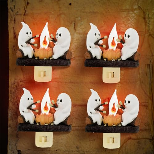 BOOMY LINS Ghost Campfire Nightlight，3D LED Fake Fire Spooky Wall Decor Ghost Roasting Marshmallow Plug,2024 Halloween Night Light Flickering, Lamp,Halloween Flameless Candle Party Decoration (4PCS) | Amazon (US)