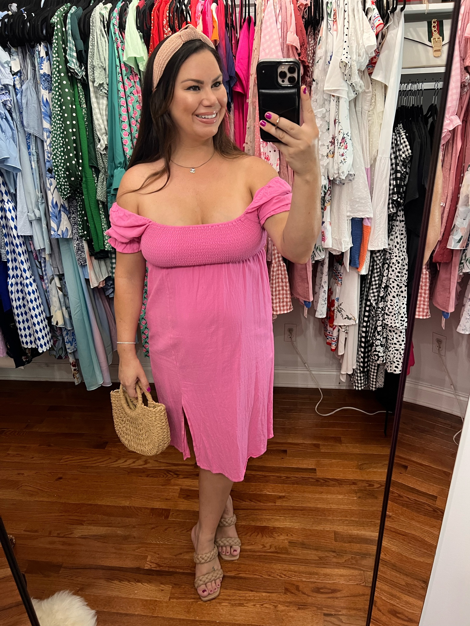 Pink dress. Summer dress. Barbie. Barbie outfit. Puff sleeve off shoulder smock top high slit dress. Handbag. Headband. Heels. 🌸

#LTKFind #LTKunder50 #LTKstyletip