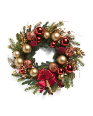 26in Real Touch Pine Wreath With Ornaments | Marshalls