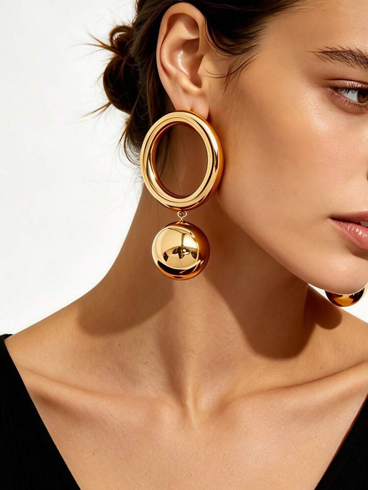 1 Pair European And American Vintage Style Polished Gold-Plated Metal Double-Layer Round Hoop Wit... | SHEIN