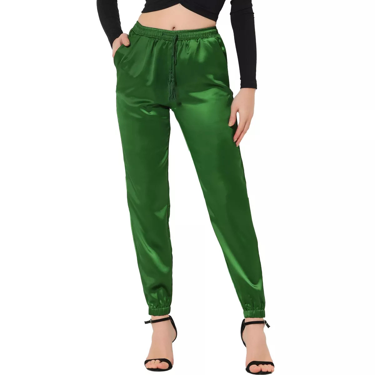 INSPIRE CHIC Women's Drawstring Elastic Waist Ankle Length Satin Joggers Pants with Pocket | Target
