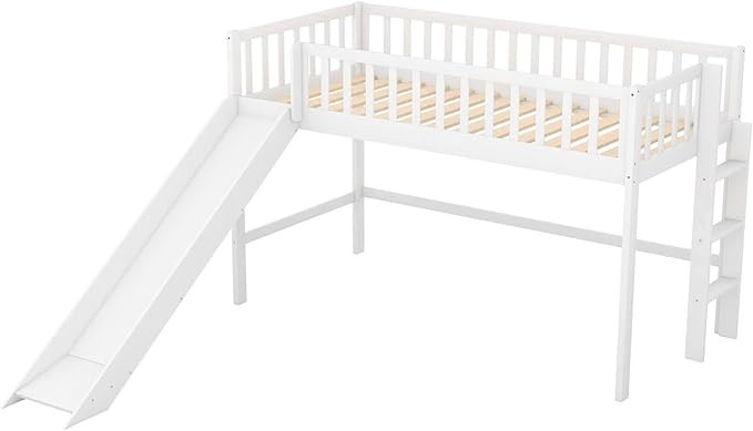 Mesnt Platform Bed Twin | Twin Size Low Loft Bed with Ladder and Slide, White | Amazon (US)