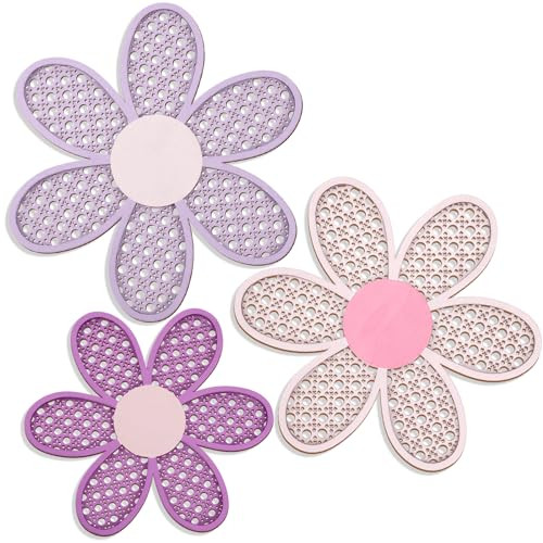 Maitys 3 Pieces Boho Daisy Wall Decor Natural Rattan Flower Wall Hanging Art Wooden Boho Art Nursery Flowers Farmhouse Hanging Decor for Home Office Nursery(Pink, Purple) | Amazon (US)