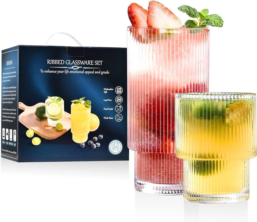 ISMASOAN Ribbed Glassware Set of 12,Glass Cups 12 oz and 7 oz,Fluted Glassware,Ribbed Drinking Gl... | Amazon (US)