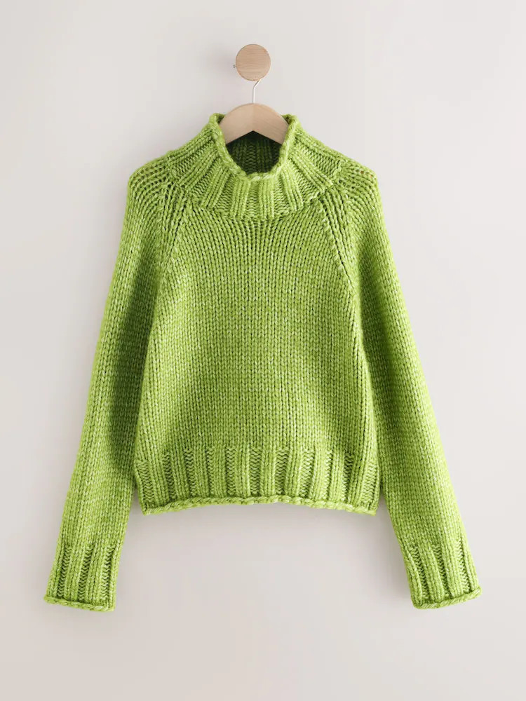 Bright Green Chunky Knit Stand Neck Jumper With Wool | Next EU