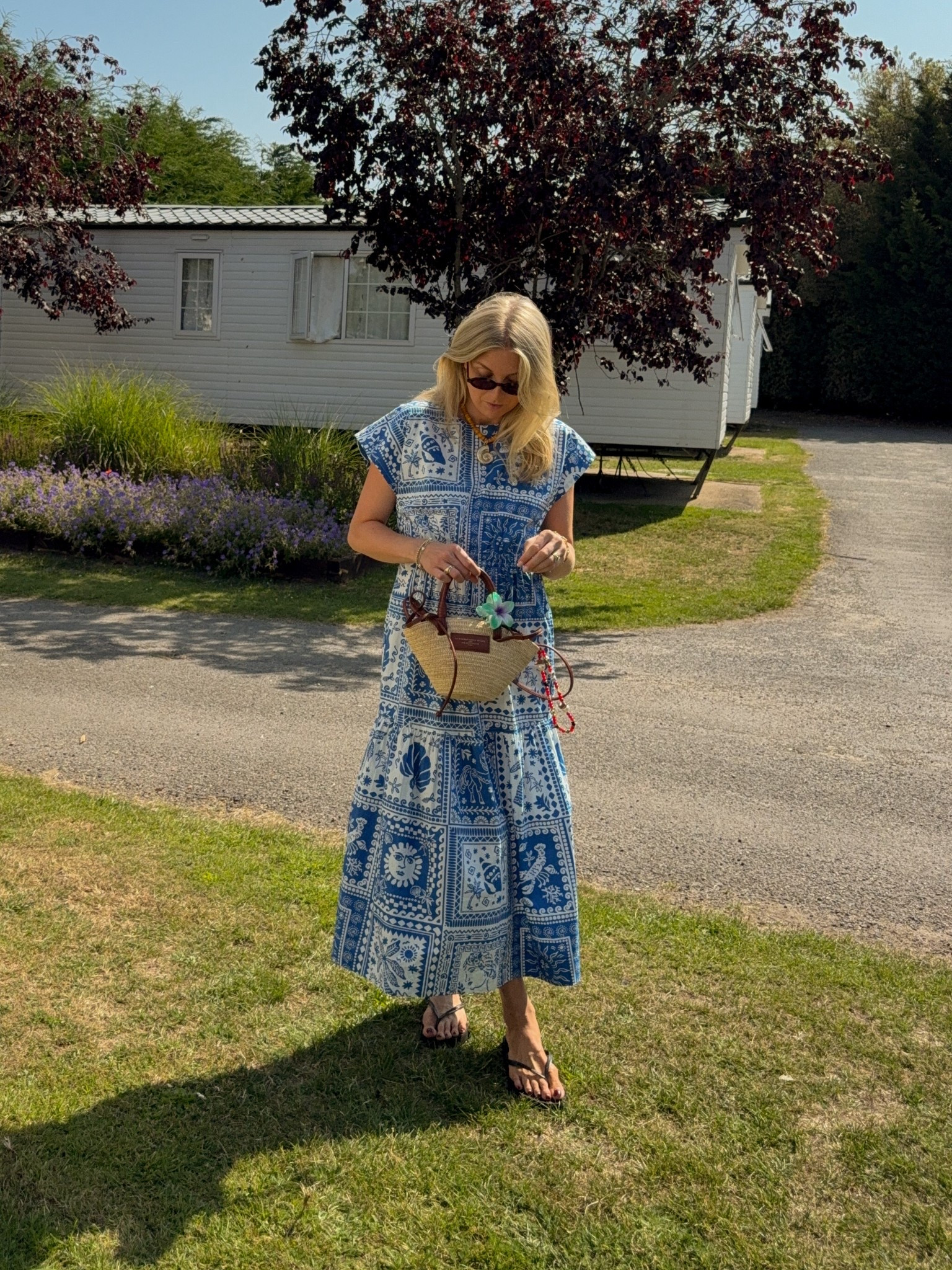 Oliver bonas Blue printed summer dress , tile print dress, summer maxi dress, summer dress, basket bag, sezane bag, havaiana black flip flops 

#LTKeurope #LTKsummer #LTKuk