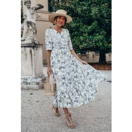 Navy Floral Frilling Wrapped Dress | Chicwish