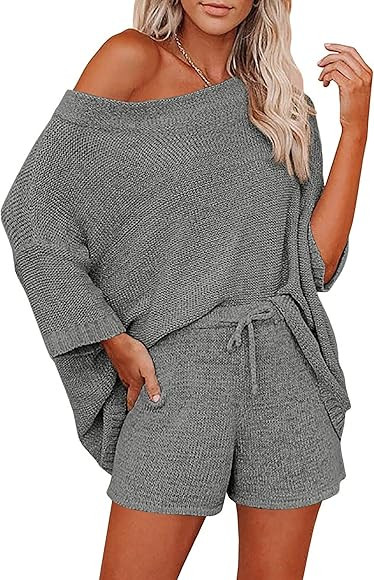 Ekouaer Women 2 Piece Outfits Sweater Sets Off Shoulder Knit Pajama Set 3/4 Sleeve Tops Drawstring W | Amazon (US)