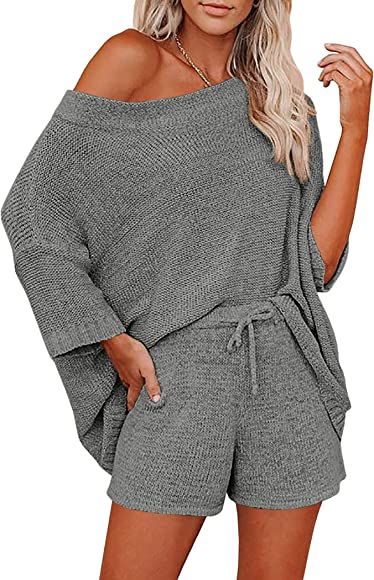 Ekouaer Women 2 Piece Outfits Sweater Sets Off Shoulder Knit Pajama Set 3/4 Sleeve Tops Drawstring W | Amazon (US)